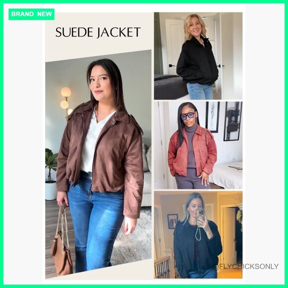 Faux Suede Bomber Jacket with Pockets, Cropped Zip Up Outerwear - Picture 7 of 7